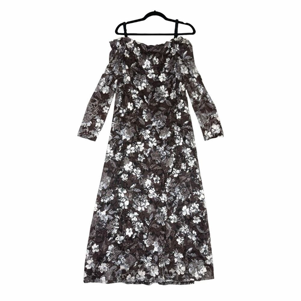 NEW Marina Dresses 1X Black White Floral Lace Cold Shoulder Midi Dress‎